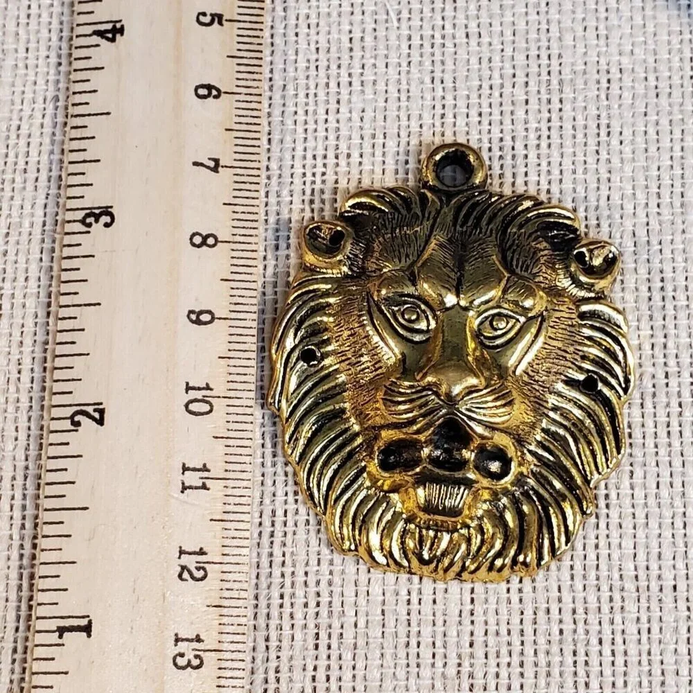 New Vintage 90s Roaring Lion 55x45mm Antique Gold Alloy Metal Statement Pendant